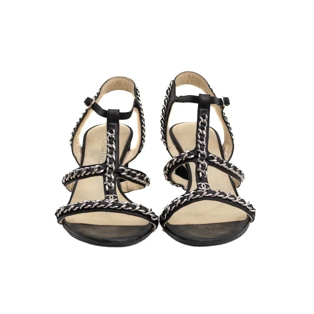 Chanel Black Leather Chain Strap Heeled Sandals US 8.5 Ankle Strap CC Logo‎